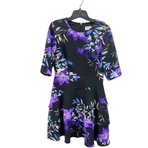 Eliza J Floral Black and Purple Ruffled Tiered Bottom Dress Size 6